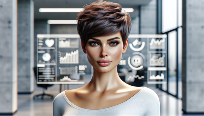 Short hair styles for women: A woman showcasing a stylish pixie cut with short sides and longer top layers that enhances her features in an urban backdrop.