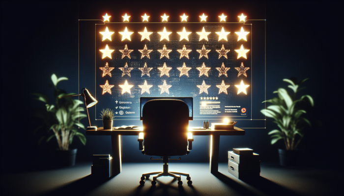 A digital interface showcasing stars and reviews, illustrating a business owner engaging with customers on a computer for enhanced visibility.