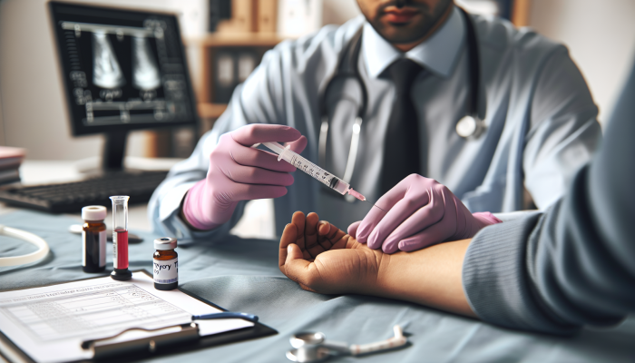Thyroid Blood Test in Burnley: Healthcare professional drawing blood from patient's arm in Burnley clinic for thyroid test.