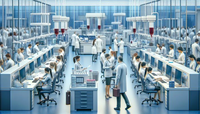 A busy hospital lab where staff perform a thyroid blood test with precision and care using modern equipment.