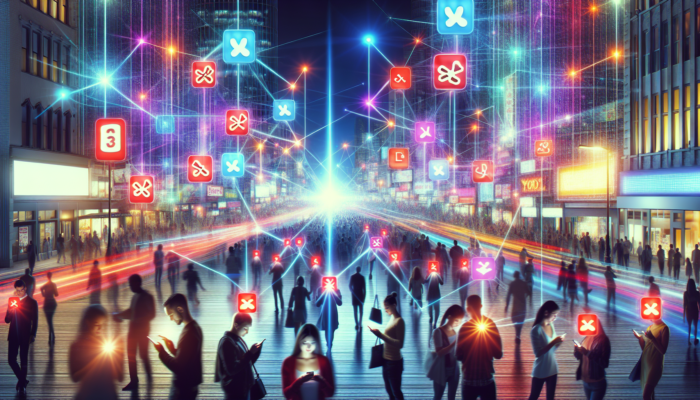 A vibrant urban street showcasing illuminated Yelp profiles on billboards, amplifying local SEO as crowds engage with smartphones.