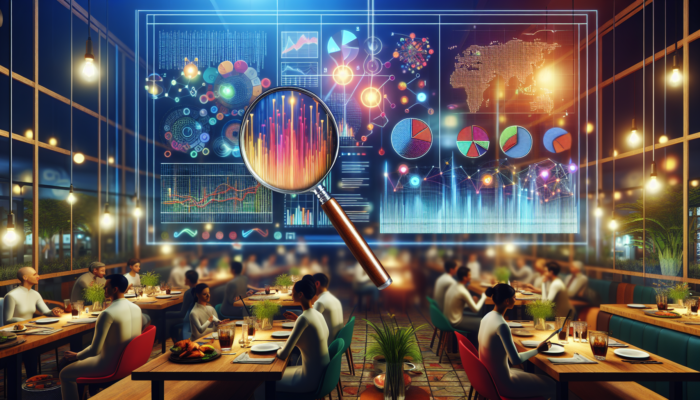 A digital dashboard featuring graphs analysing Yelp reviews, with a magnifying glass highlighting insights against a restaurant backdrop.