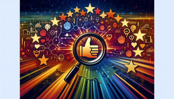 A magnifying glass hovering over a digital map with restaurant icons, charts, and customer reviews revealing competitive insights on Yelp.