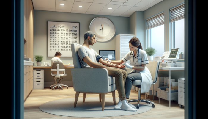 Patient in Jarrow clinic having cholesterol test, nurse drawing blood from arm in calm setting.