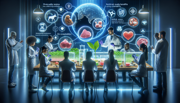 Scientists analyzing lab-grown meat protein samples in a futuristic lab, with charts and eco-friendly symbols.