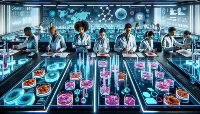 Scientists in a futuristic lab examining vibrant meat cultures in petri dishes, with advanced bioreactors.