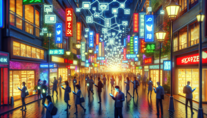 A busy local street with shops showcasing Google Business signs, attracting smartphone-using customers for local SEO.