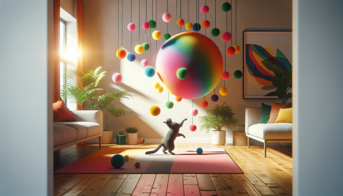 A vibrant cat playing with a colorful catnip wall ball in a cozy living room.