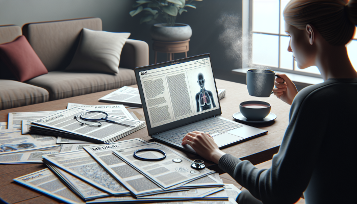 Person in Deal using laptop to find general health blood test provider, with medical brochures and tea.