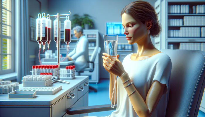 A patient in a serene Weybridge medical setting, fasting and drinking water, preparing for a blood test focused on glucose and lipid levels.