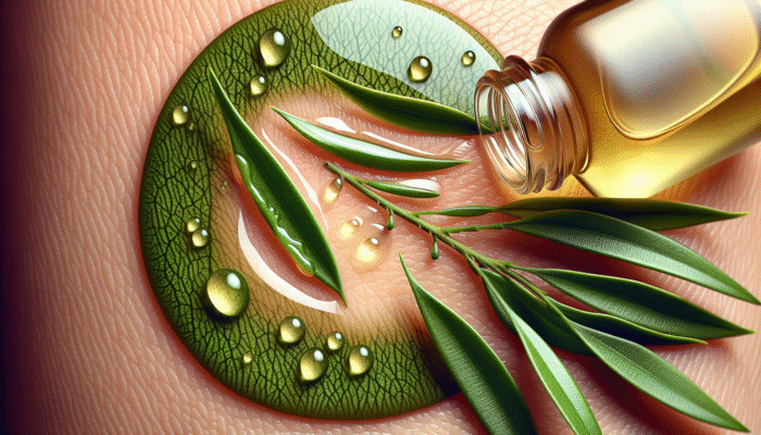 Tea tree oil extraction from Melaleuca alternifolia leaves, shown with clear skin background.