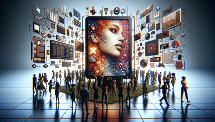 A vibrant digital billboard with an engaging online ad, surrounded by a diverse, active crowd amidst internet distractions.