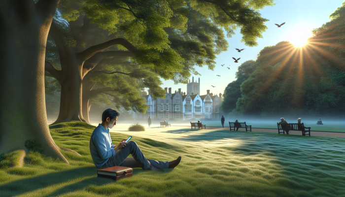 A person booking a cholesterol test online in a serene park in Royal Tunbridge Wells.