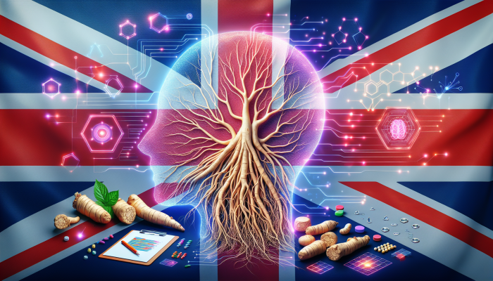 Ginseng roots intertwined with neural pathways, glowing against the UK flag, symbolizing cognitive enhancement.