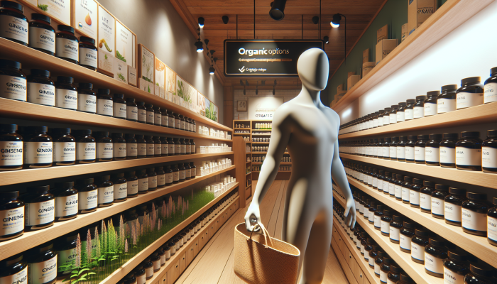 A person browsing various ginseng supplements in a well-stocked UK health store.