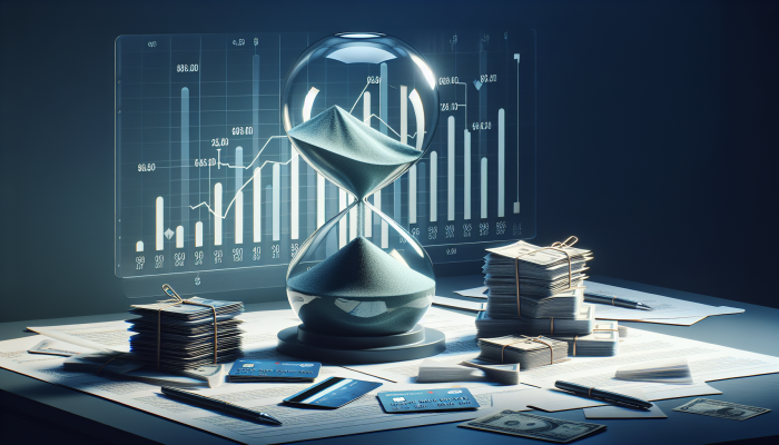 Credit Unions vs Banks for Debt Consolidation: A Guide | DCL Hourglass with sand flowing into credit cards and loan documents, symbolizing increasing debt over time, with financial charts.