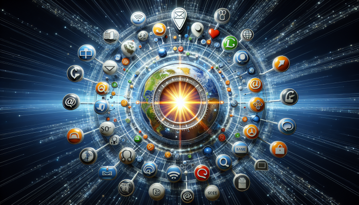 Icons of email, social media, SEO orbiting a glowing business logo amidst digital nodes and data streams.