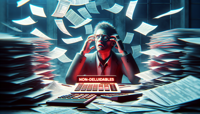 A person looking confused amidst scattered documents and calculators, with a tax form highlighting non-deductible fees in red.