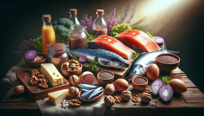 Salmon, mackerel, sardines, flaxseeds, chia seeds, walnuts, omega-3 fortified eggs, dairy, juice, and algal oil capsules on a rustic table.