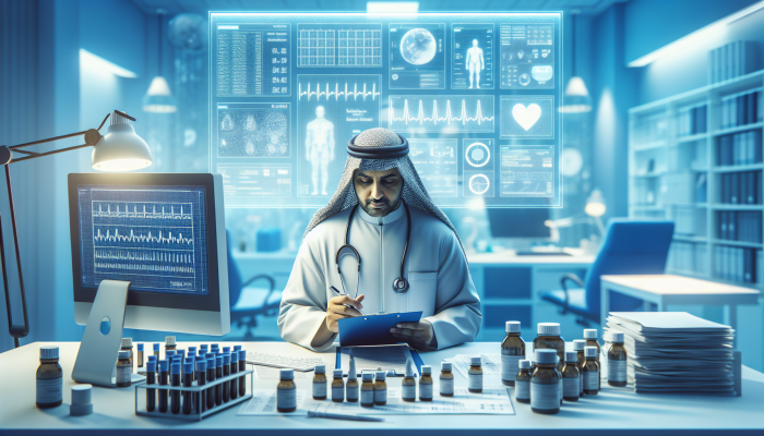 A person calmly preparing for a cholesterol test in a serene medical lab with soothing blue tones.