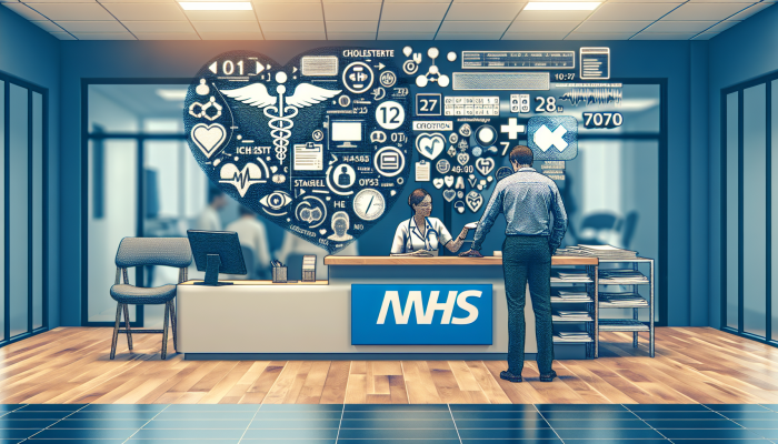 Person booking cholesterol test at modern clinic in Caerphilly, assisted by healthcare worker, NHS signage visible.