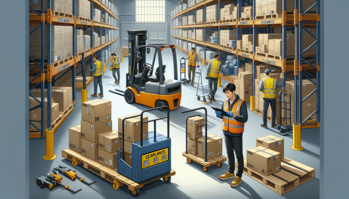 A worker choosing from trolleys, carts, lifting belts, and a forklift in a warehouse for safe item movement.