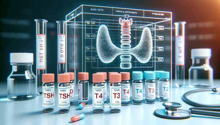 Illustration of thyroid blood tests: TSH, T4, T3 vials and thyroid gland in a lab setting.