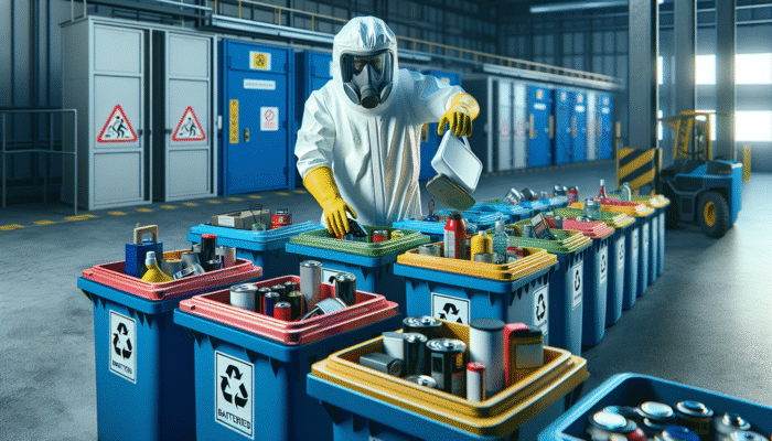 Person in protective gear disposing hazardous waste like batteries and paints into designated facility bins, emphasizing safety.