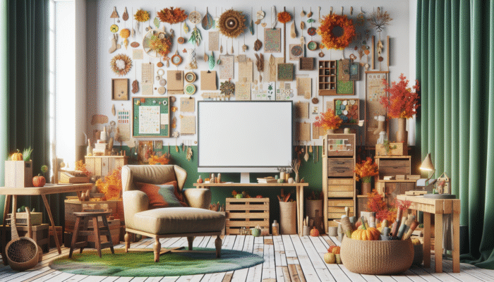 Old furniture transformed into vibrant, functional art through upcycling, in an autumn-themed eco-friendly room.