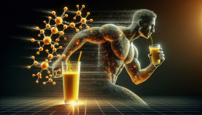 Using Turmeric for Post-Workout Recovery: Athlete drinking golden turmeric smoothie, with curcumin molecules symbolizing reduced inflammation and enhanced recovery.