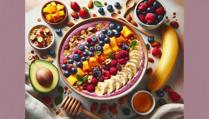 Top Recipes for Sustainable Weight Gain: Colourful smoothie bowl with granola, fruits, and honey, made from bananas, berries, mangoes, nuts, seeds, avocado, and protein powder.