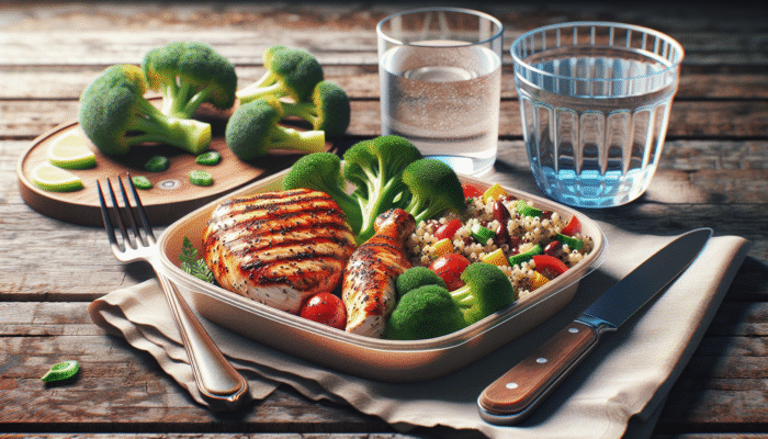 Grilled chicken, quinoa salad, and steamed broccoli on a rustic table, a protein-rich lunch.