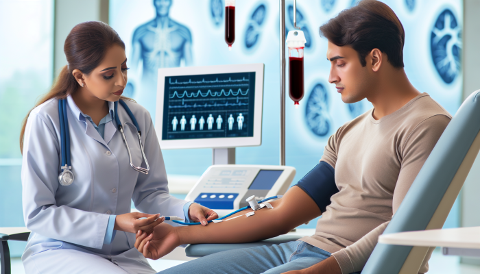 A calm healthcare professional in Doncaster guiding a patient through a cholesterol test, discussing medical history.