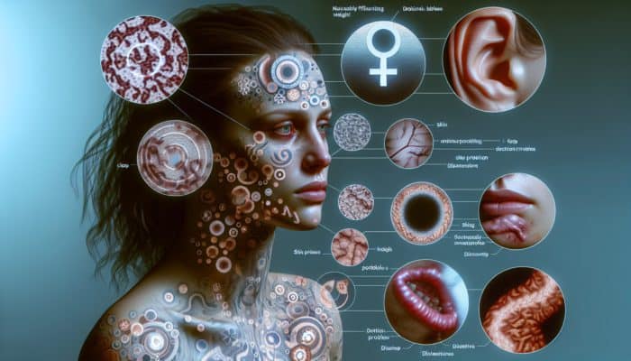 A person surrounded by symbols of hormonal imbalance symptoms like fatigue, weight changes, and mood swings.