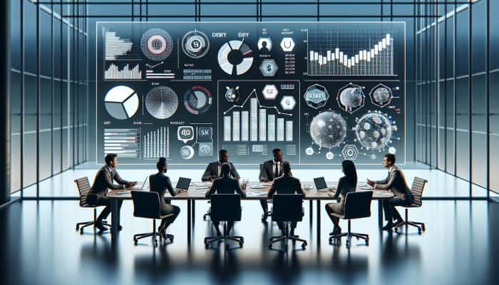 Diverse financial experts discussing debt consolidation at a conference table with charts on a screen.