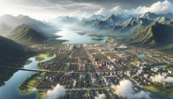 Aerial view of Queenstown neighborhoods, showing property value influences like lakes, mountains, and amenities.