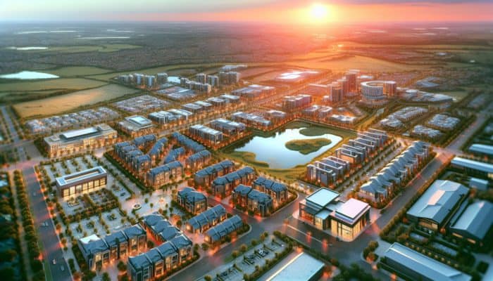 Aerial view of Langenhoven Park at sunset, highlighting upscale neighbourhoods and amenities.