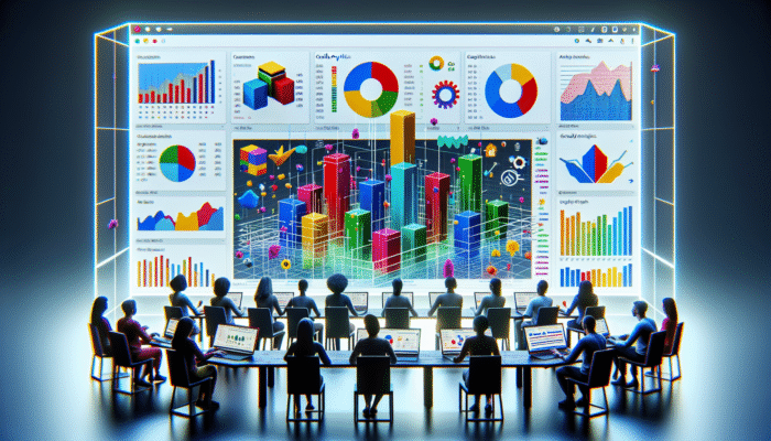 A digital dashboard showing click-through rates, engagement metrics, and accuracy, with Google Analytics and content creators analyzing data.