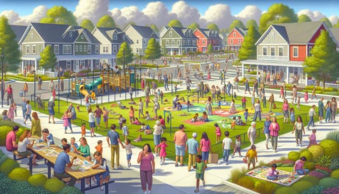 A vibrant neighborhood park where children play safely, surrounded by supportive adults and community events.