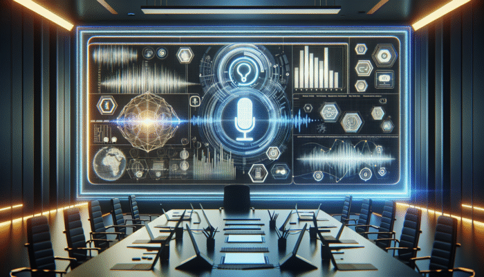 A futuristic dashboard showing real-time voice search data and its impact on SEO in a modern office.