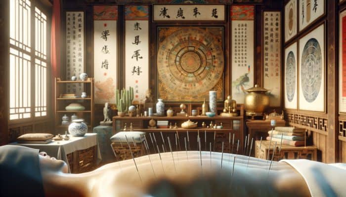 Acupuncture for Alcohol Dependency: A serene acupuncture treatment in a traditional Chinese setting, featuring needles and symbols of Qi energy.