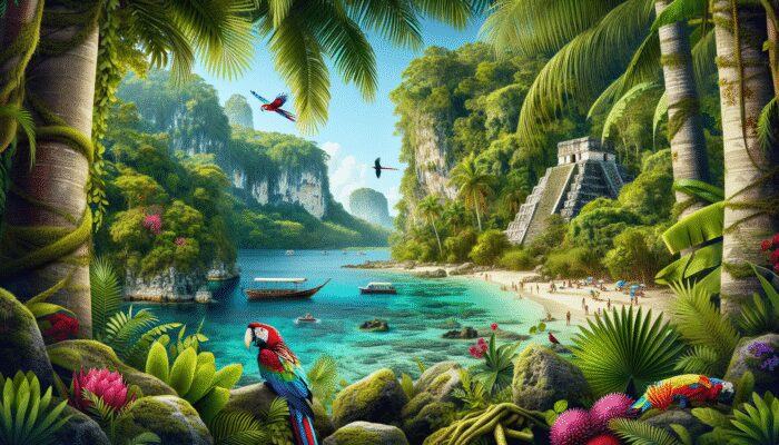 Guidebook cover featuring Shyne, Belize's jungles, ruins, and waters, adorned with a parrot and tropical flowers.