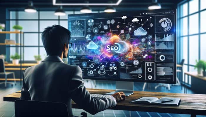 Small business owner analysing competitor SEO strategies on computer with SEMrush and SpyFu in modern office.