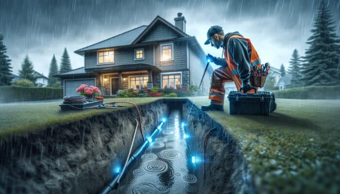 A drainage expert inspecting a home's perimeter in Chilliwack on a rainy day, with specialized solutions installed.