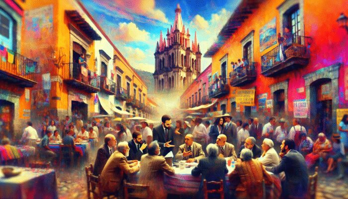 Illustration of San Miguel de Allende's historic streets with experts discussing its history.