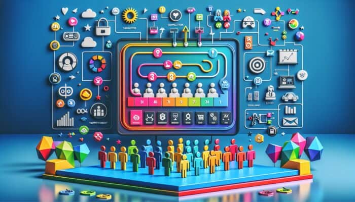 A vibrant digital interface showcasing a leaderboard, rewards, and hosts in playful competitions, enhancing loyalty through gamification.