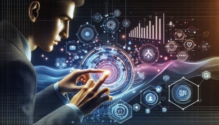 User interacting with gamification elements on a digital platform, with analytics graphs in the background.