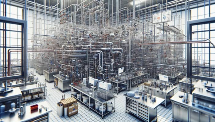 Commercial Plumbing Services in Whistler: A bustling commercial kitchen with a complex network of pipes and plumbing fixtures undergoing maintenance and repair.