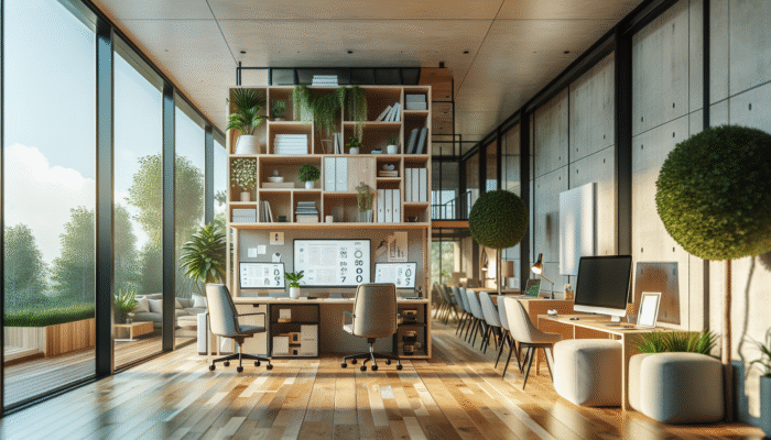 Modern eco-friendly rental with home office, using sustainable materials and energy-efficient appliances.