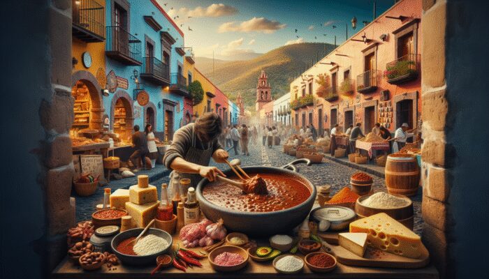 A culinary tour in San Miguel de Allende featuring cobblestone streets, colonial architecture, and a mix of indigenous and colonial dishes.